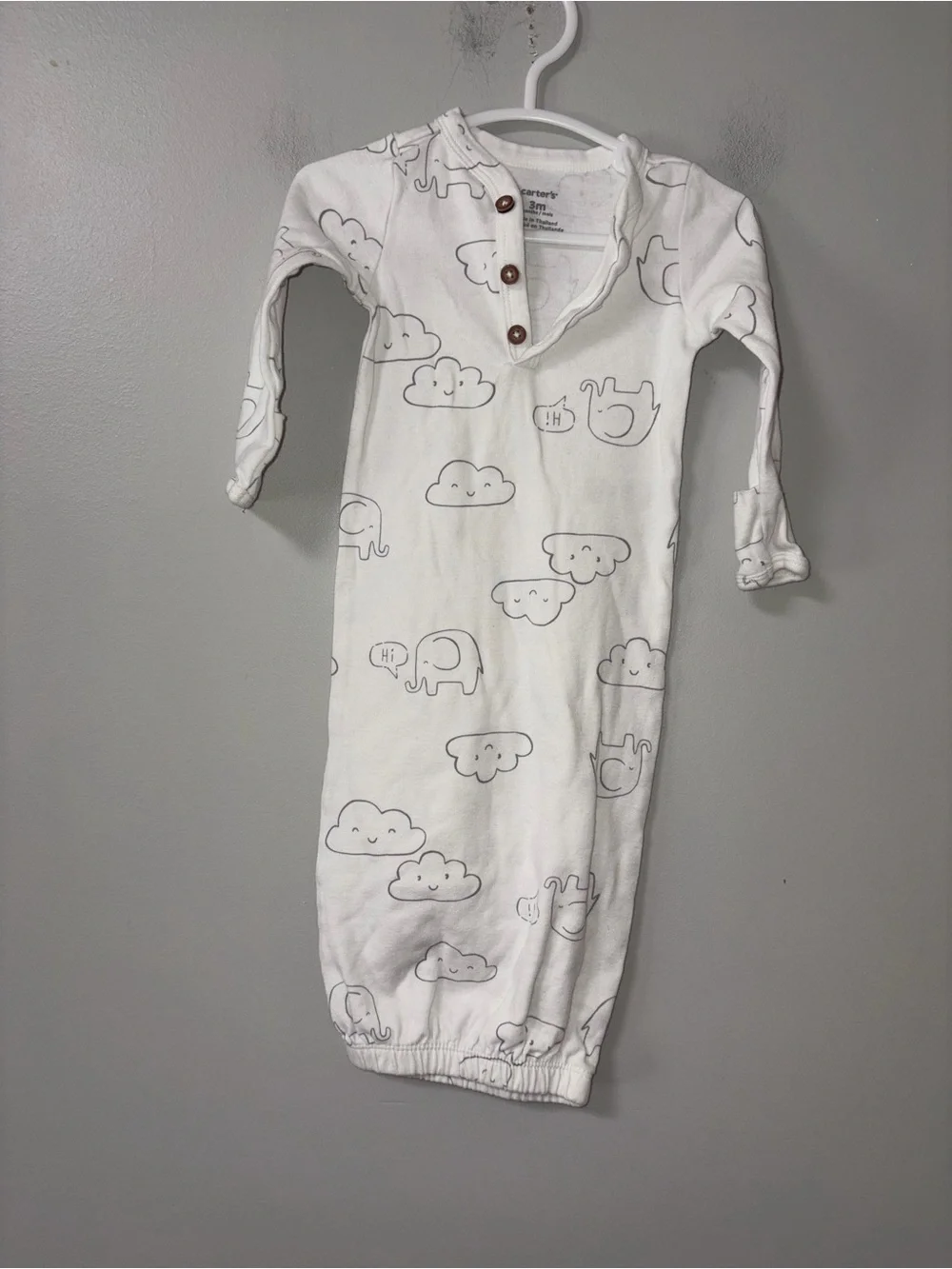 Carters White Elephant & Clouds Unisex Elastic Hem Gown 3M